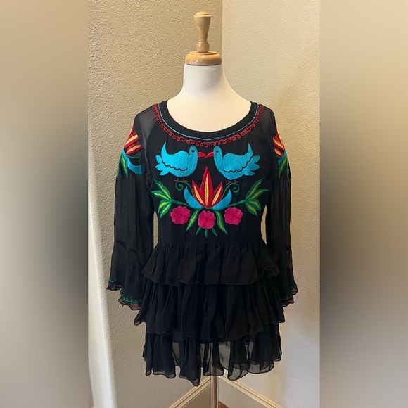 ROJA Western Black Boho Embroidered Floral Sheer Tunic Dress S - Picture 1 of 9